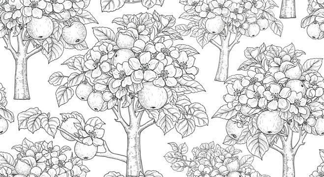 Detailed black and white line art pattern of apple trees heavy with fruit and blossoms for a natural and organic background theme.