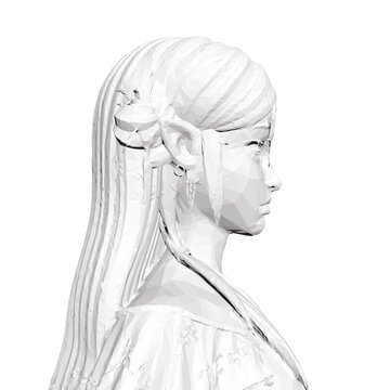 Low polygonal portrait of a determined girl with long flowing hair and an elf-like facial structure. The black and white head sculpture features sharp geometric edges.