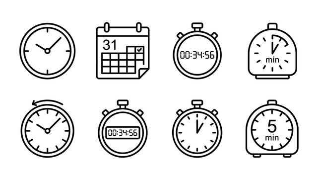 Time management and scheduling line icon set