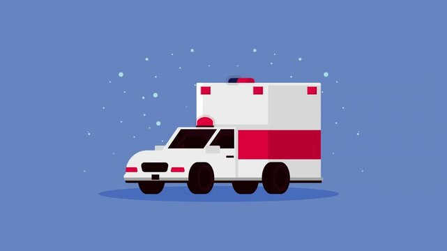 Flat style ambulance vehicle animation with flashing emergency lights on blue background.