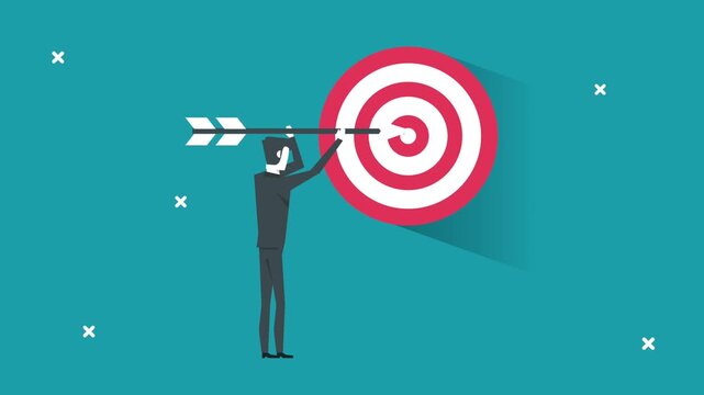 Businessman holding arrow against target board for success concept motion graphics.
