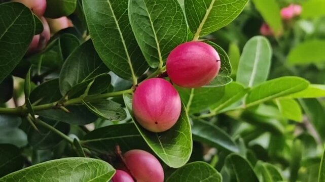 A close-up image of a cluster of bright red carissa carandas fruits hanging from branches amidst lush green foliage.	