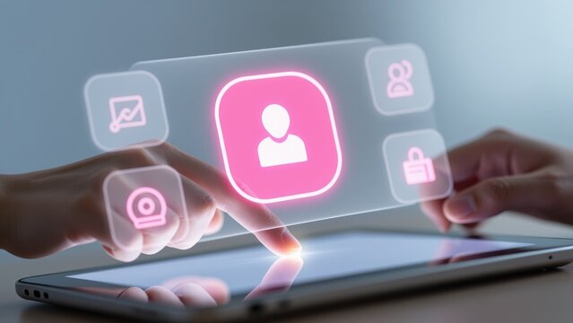Digital Touchpoint: A close-up shot captures a person interacting with a modern digital interface, their finger hovering over a user profile icon on a sleek tablet device.