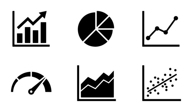 Business Analytics Icons Set: Bar Chart, Pie Chart, Line Graph, Speedometer, Area Chart, Scatter Plot, Data Visualization Symbols