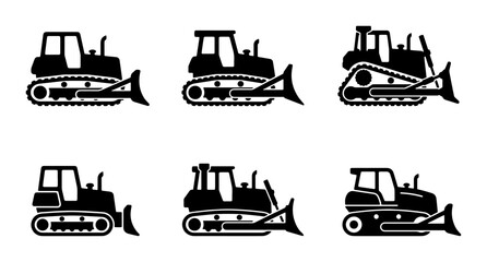Bulldozer Icons Set, Heavy Construction Machinery Vector Graphics, Earthmover Equipment Illustrations, Industrial Vehicle Silhouettes © Ruksana