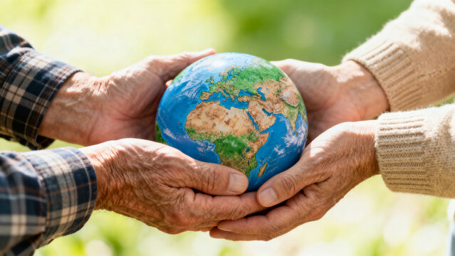 Two people from different generations hold the Earth together outdoors.