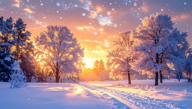 A serene winter landscape with snow-covered trees at sunset