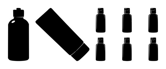 Obraz premium Sun cream bottle set with solid black icon on white background featuring sunscreens, lotion, SPF protection with vector illustration and minimalist design
