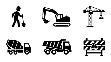 Construction Icons Set: Excavator, Crane, Cement Mixer, Dump Truck, Worker with Shovel, Safety Barrier, Vector Graphics for Industry and Building Projects © Ruksana