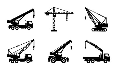 Construction Crane Icons Set, Heavy Machinery Vector Collection, Industrial Lifting Equipment Silhouettes for Engineering and Logistics © Ruksana