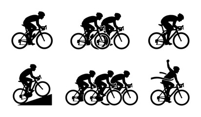 Cycling Silhouettes: Diverse Bicycle Race Scenes, Athletes in Motion, Victory Finish Line, Group Peloton, Single Rider Action, Vector Graphics for Sports and Fitness Themes © Ruksana