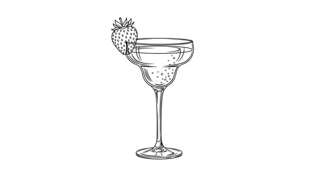 Elegant line drawing of a margarita cocktail glass with a fresh strawberry garnish on the rim for a sophisticated bar or restaurant menu.