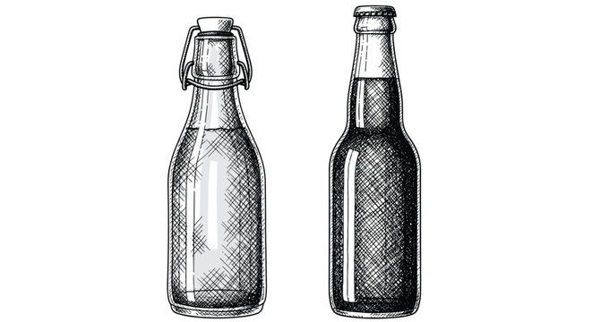 Two hand drawn glass beer bottles with different closure types including a flip top and a crown cap in a detailed cross hatch sketch style.
