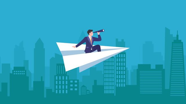 2D animation of a male businessman riding a paper airplane while looking through a telescope over a city background. Concepts of business vision, leadership, success, future goals, and innovation.