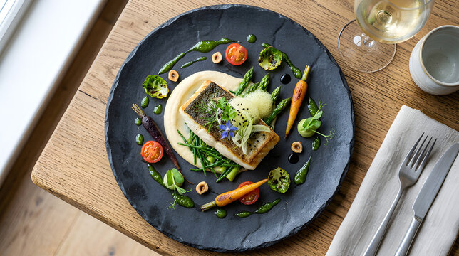 High End Gourmet Seafood Dish Featuring Pan Seared Fish Fillet with Puree Asparagus Roasted Carrots and Edible Flowers on Slate Plate for Fine Dining Restaurant