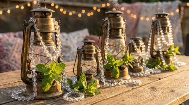 Five Antique Brass Lanterns Decorated With Beaded Strings And Mint Leaves On A Rustic Wooden Table.