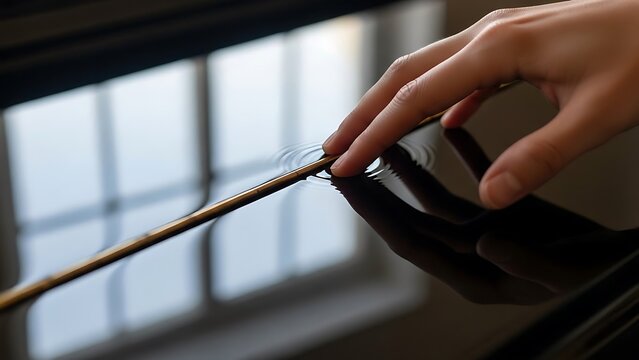 Hand holding violin bow close up.