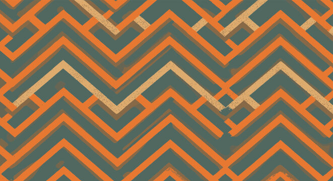 Modern abstract geometric pattern with bold orange and teal zigzag lines creating a dynamic and textured visual for contemporary designs.