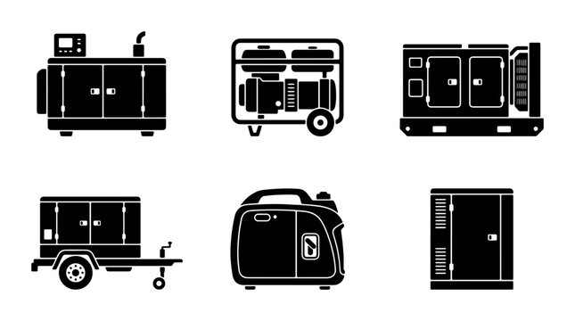 Portable Generator Icons, Diesel Power Unit Silhouettes, Electric Energy Supply Vector Set, Industrial Equipment Graphics