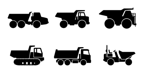 Heavy Duty Dump Truck Icons, Construction Vehicle Silhouettes, Mining Hauler Vector Set, Industrial Transport Graphics © Mashiur