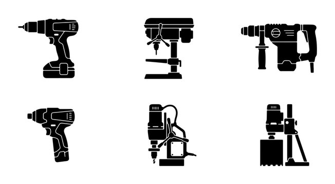 Set of 6 Black Silhouette Power Tools, Including Cordless Drills, Rotary Hammer, and Drill Press, Industrial Equipment Icons for Construction and DIY Projects
