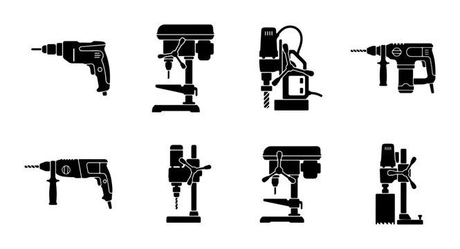 Drill Icons Set, Power Tool Vector Graphics, Rotary Hammer and Drill Press Illustrations, Industrial Equipment Collection