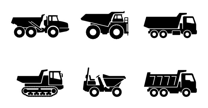 Construction Dump Truck Icons Set, Heavy Machinery Vector Graphics, Industrial Vehicle Silhouettes for Building Projects