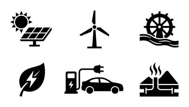 Renewable Energy Icons Set: Solar Panel, Wind Turbine, Water Wheel, Electric Car Charging, Leaf Power, Factory Emissions. Sustainable Power Generation Symbols.