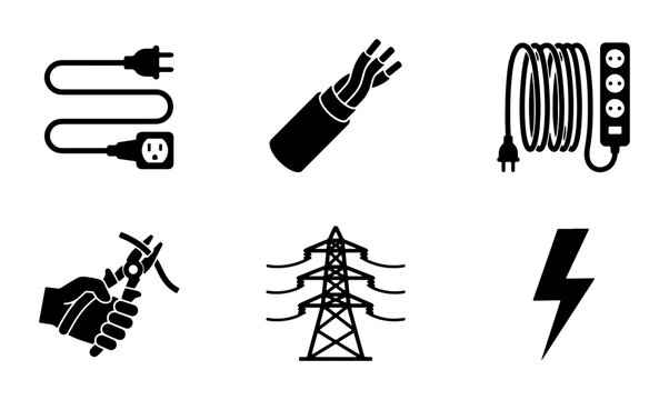 Electrical Power Icons Set, Energy Symbols Collection, Electricity Symbols Vector Graphics, Power Supply Icons