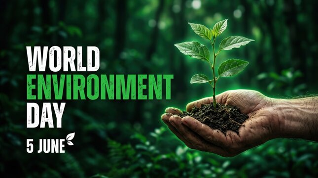 World Environment Day 5 June banner, hand holding small green plant sapling in soil, ecological conservation and reforestation concept