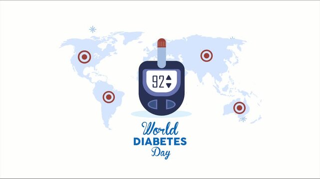World diabetes day medical motion graphic shows glucometer device against world map with highlighted points global health awareness campaign.