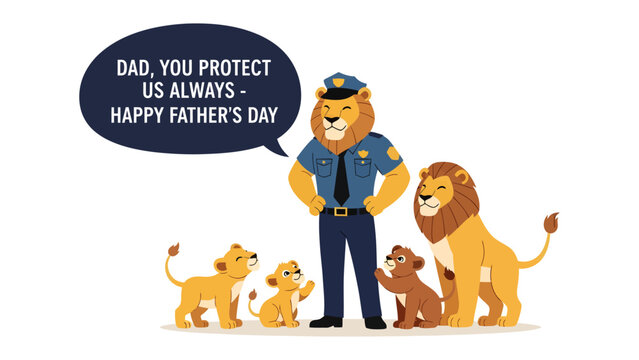 Father's Day Lion Guard: A heartwarming illustration features a proud lion police officer, surrounded by his cubs. The image conveys the themes of protection and love in a Father's Day context.