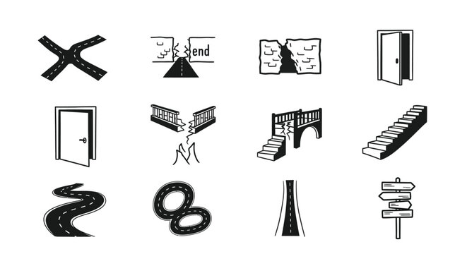 Road trip and navigation icons set featuring winding paths intersections broken bridges and directional signs.