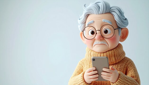 スマートフォンの操作に困る高齢男性の3Dイラスト デジタルデバイドとシニアの悩み