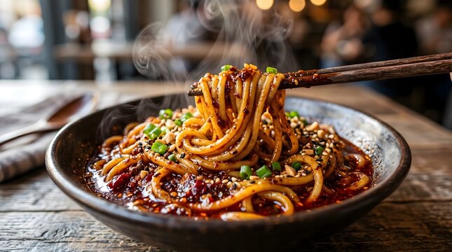 Delicious bowl of spicy Asian noodles served with rich chili oil sauce, sesame seeds, peanuts, and fresh green onions. Steaming hot noodle dish lifted with chopsticks in a cozy restaurant setting.