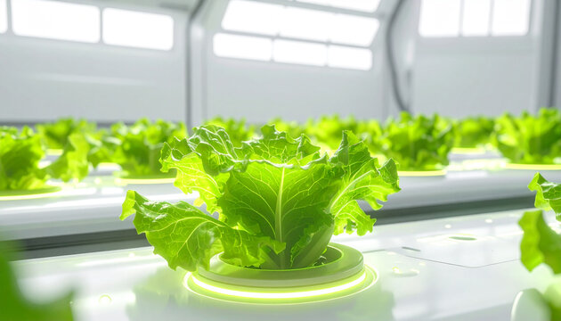 Hydroponic Cultivation: Vibrant lettuce crops flourish within a controlled environment, highlighting the innovation of soilless farming.