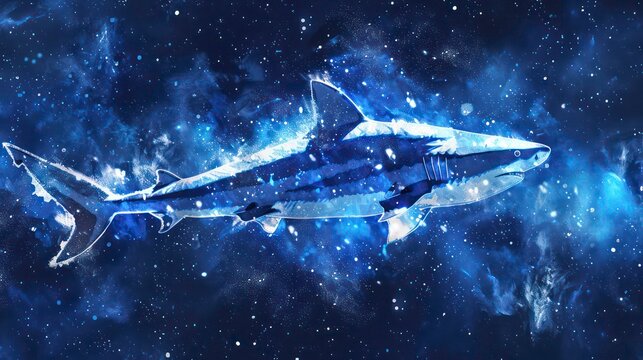 A shark swims through a galaxy of stars and nebulas, its silhouette a ghostly presence against the vastness of space.