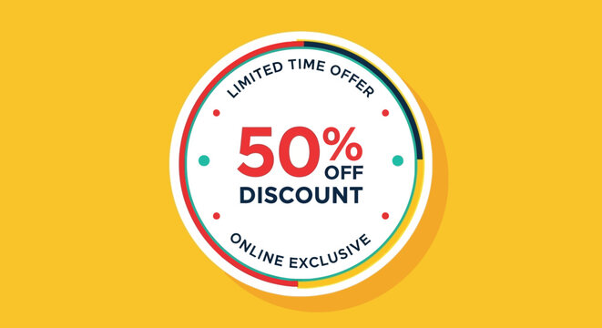 Bright promotional graphic for a limited time 50 percent discount offer with online exclusive text.