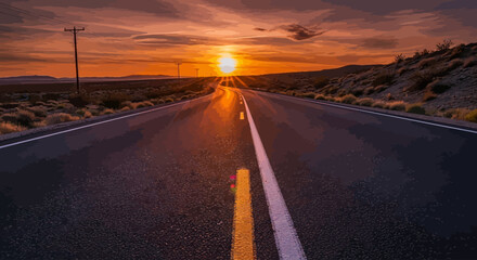 Sunset view on an empty desert highway with dramatic clouds and vibrant colors. © Andin