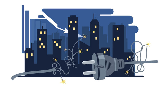 Electric plug disconnected from city skyline at night representing power outage.