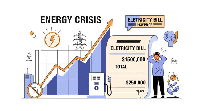 Illustration of energy crisis with rising electricity bills and concerned man analyzing costs.
