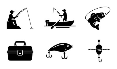Fishing Icons Set: Angler Silhouette, Boat, Jumping Fish, Tackle Box, Lure, Bobber Vector Graphics for Outdoor Recreation and Sport © Hasibur