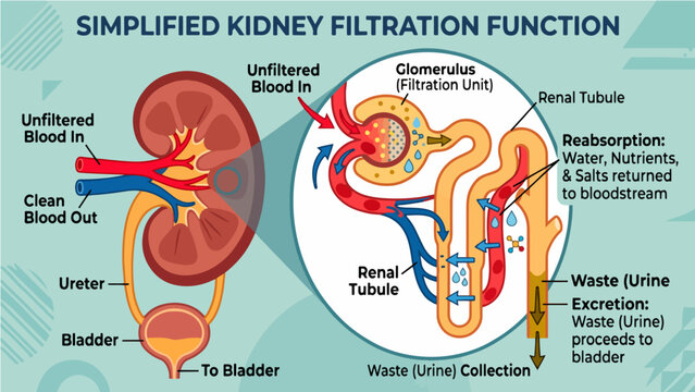 Simplified Kidney Filtration Function Educational Infographic, Colorful Diagram Showing Glomerulus, Renal Tubule, Reabsorption of Water and Nutrients, Urine Excretion to Bladder Renal Physiology Medi