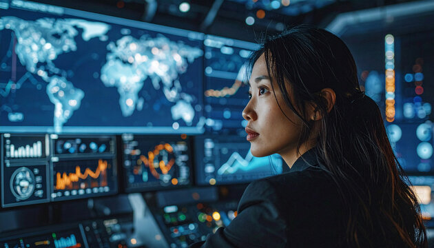 World on the Screen: An intelligent female cyber expert analyses data, her focused gaze fixed on the array of complex data visualizations and world maps displayed across multiple monitors.