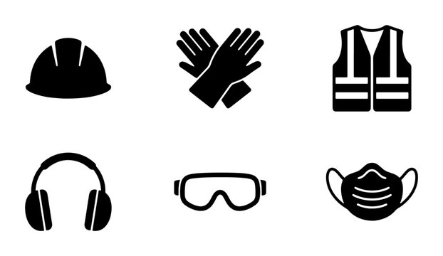Personal Protective Equipment Icons, Safety Gear Vector Set, Hard Hat, Gloves, Vest, Ear Protection, Goggles, Face Mask, Workplace Safety Symbols