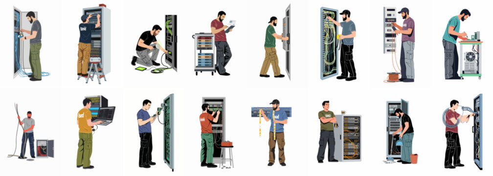 Set of illustrations depicting IT technicians and network engineers installing, maintaining, and managing server racks and cables in a data center.