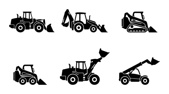 Construction Vehicle Icons Set: Excavator, Loader, Skid Steer, Telehandler, Backhoe, Bulldozer Vector Graphics for Industry and Building Projects