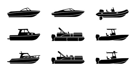 Modern Motorboat and Pontoon Boat Vector Icons Set, Nautical Vessel Silhouettes for Marine Transportation and Water Sports Graphics © Mahfuz