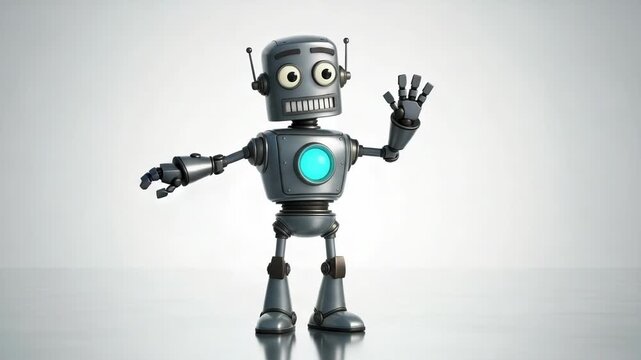 3d render of a friendly grey robot waving hello