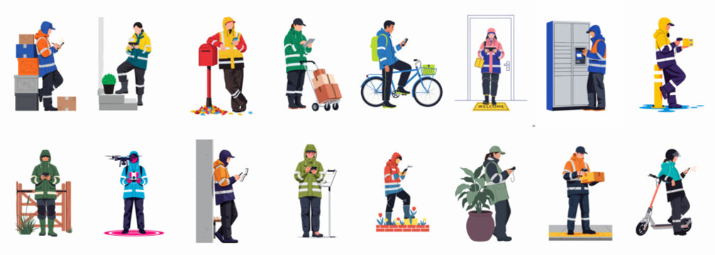 Vector illustration of diverse delivery personnel in reflective uniforms using various transportation and technology to deliver packages and mail in different settings.